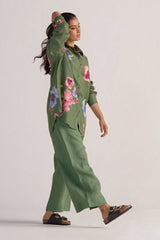 right side view Green Pure Linen Co-ord Set
