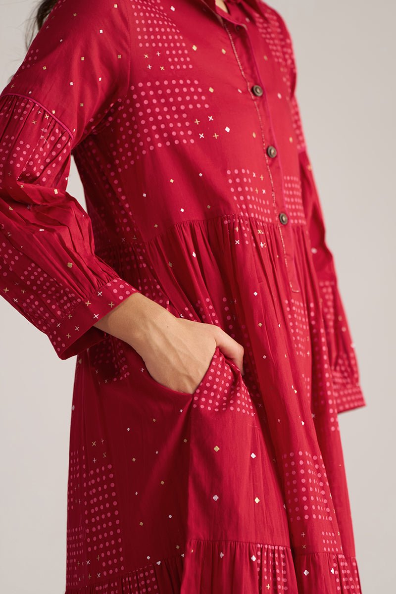 right hand pocket side model view Samba Red & Beetroot Purple Cotton Co-ord Set