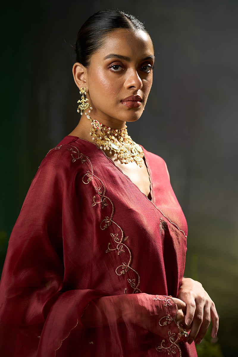Rumba Red Tissue Silk Angrakha Festive Kurta Set