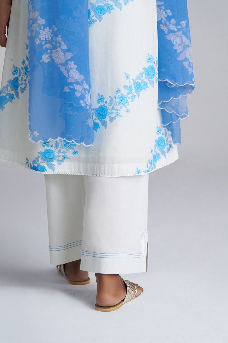 Azure Blue and Dull White Mul-Mul Kurta Set