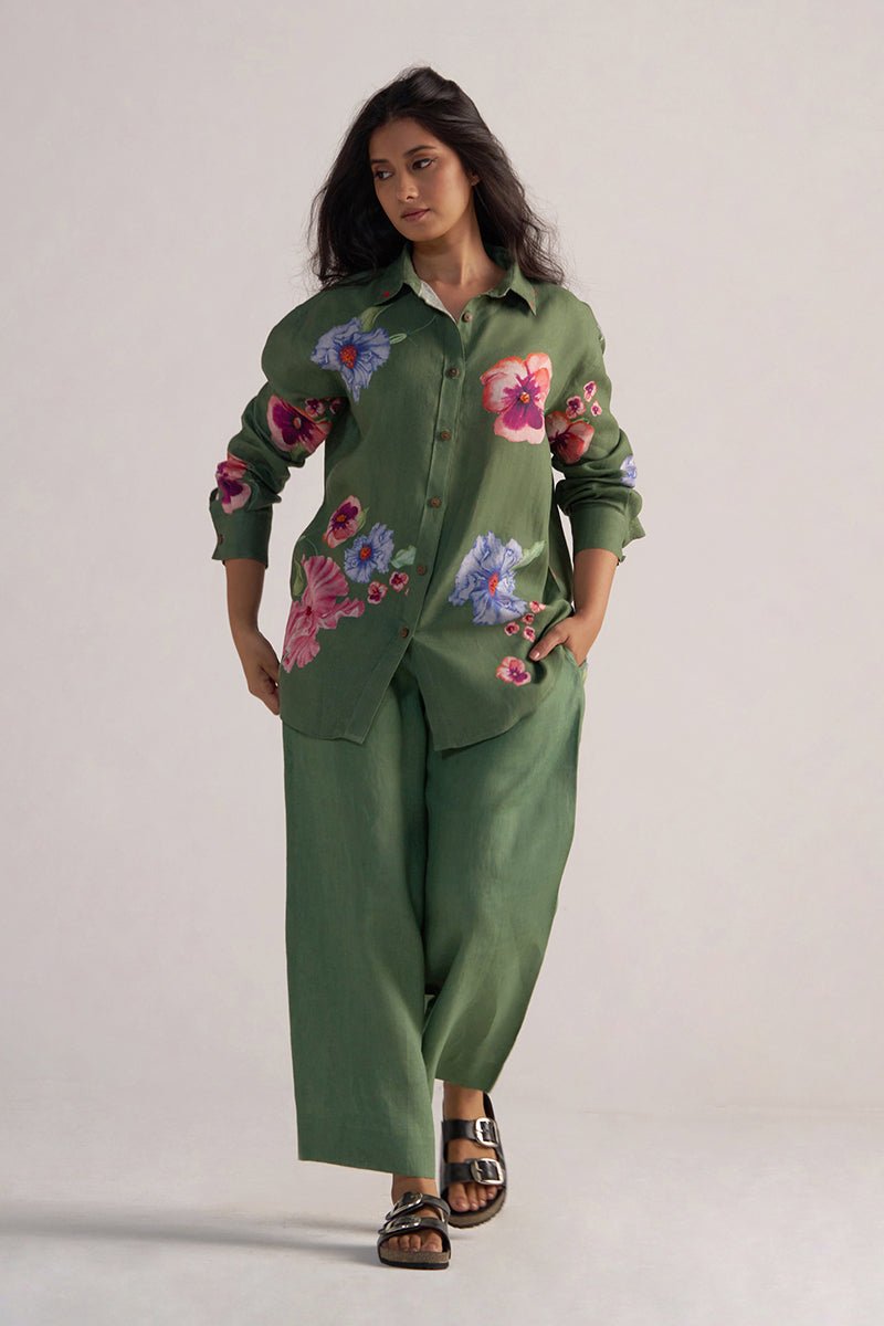 front view Green Pure Linen Co-ord Set