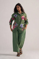 front view Green Pure Linen Co-ord Set