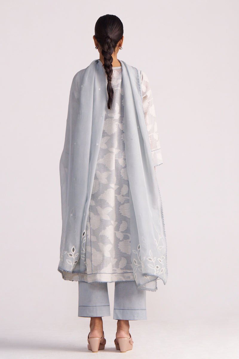 Woman wearing a Grey Woven Pheran Kurta Set on a white background
