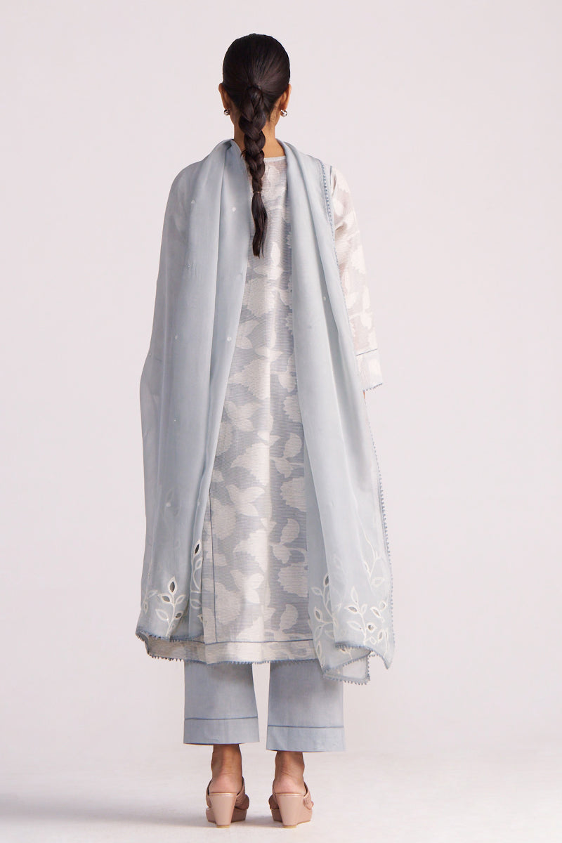 Woman wearing a Grey Woven Pheran Kurta Set on a white background