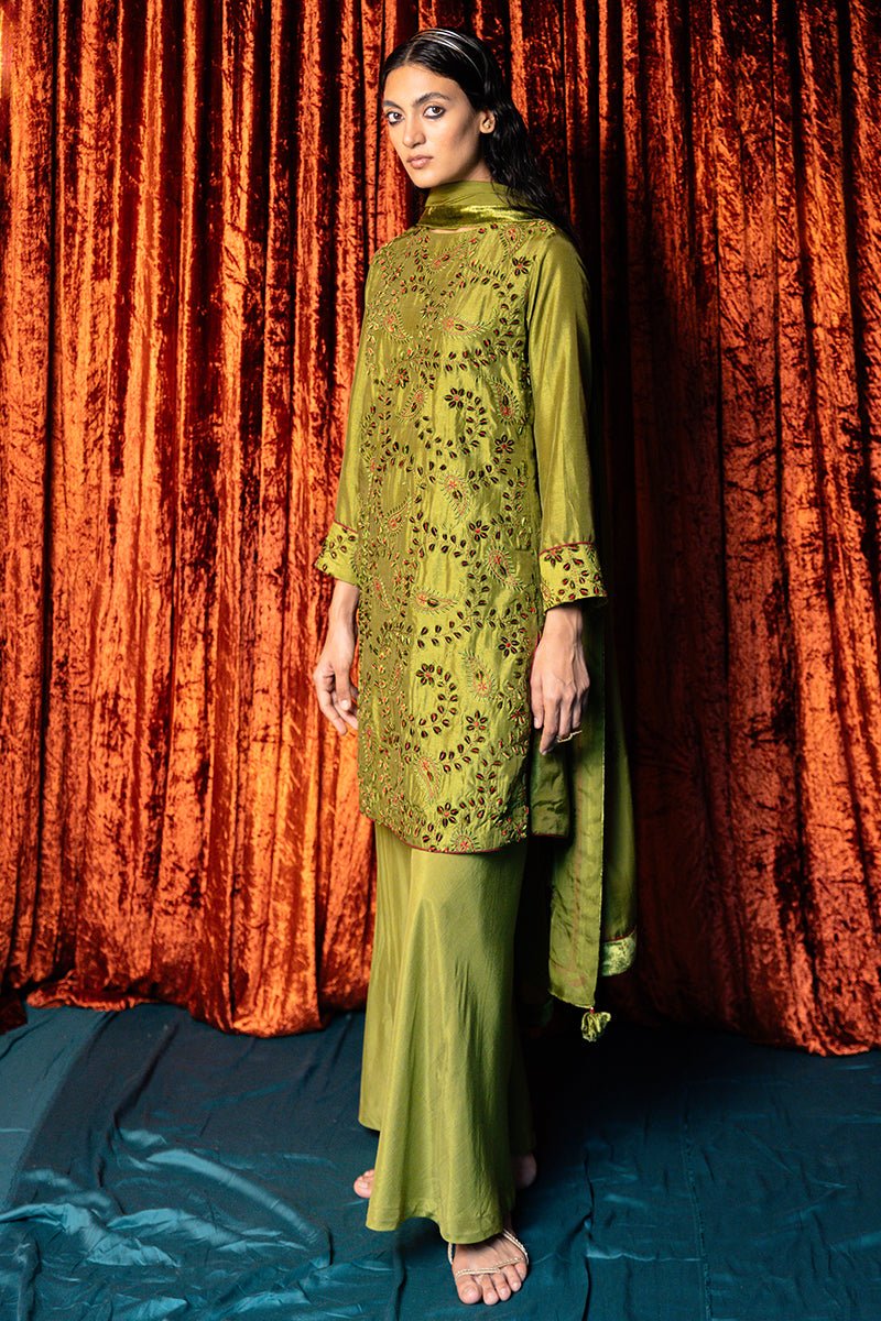 Green Olive Full Embroidered Raw Silk Kurta Set