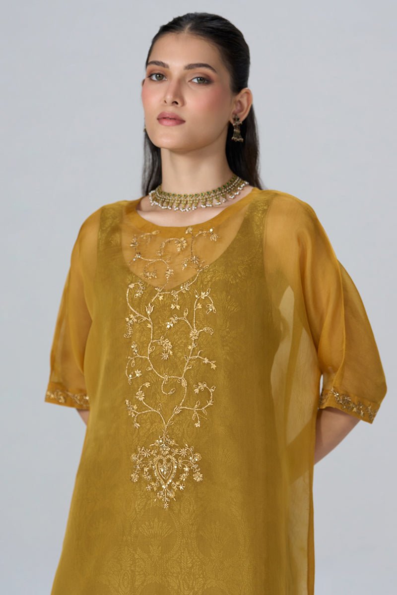 Mustard and Brown Sheer Kurta with Brocade Festive Co-ord Set - Ganga Fashions