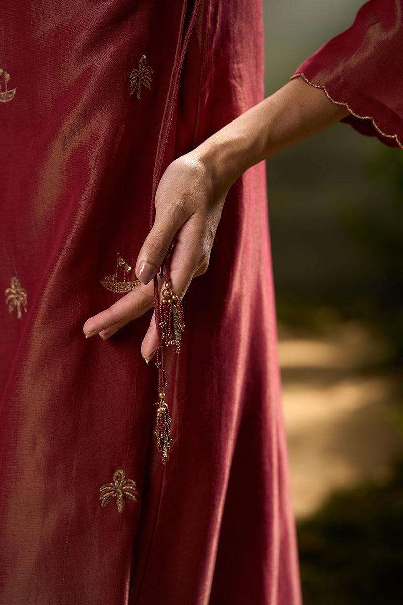 Rumba Red Tissue Silk Angrakha Festive Kurta Set