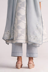 Grey Woven Pheran Kurta Set on a plain background