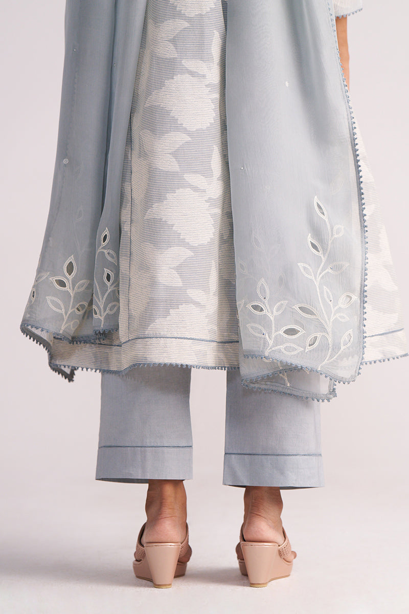 Grey Woven Pheran Kurta Set on a plain background