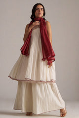 Ivory and Maroon Pure Chanderi Kurta Set