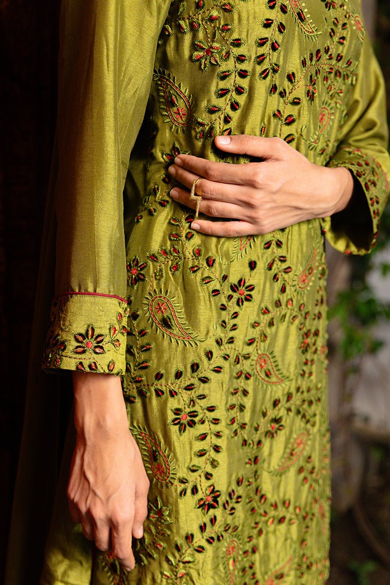 Green Olive Full Embroidered Raw Silk Kurta Set