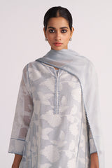 Woman wearing a Grey Woven Pheran Kurta Set with a matching dupatta on a white background