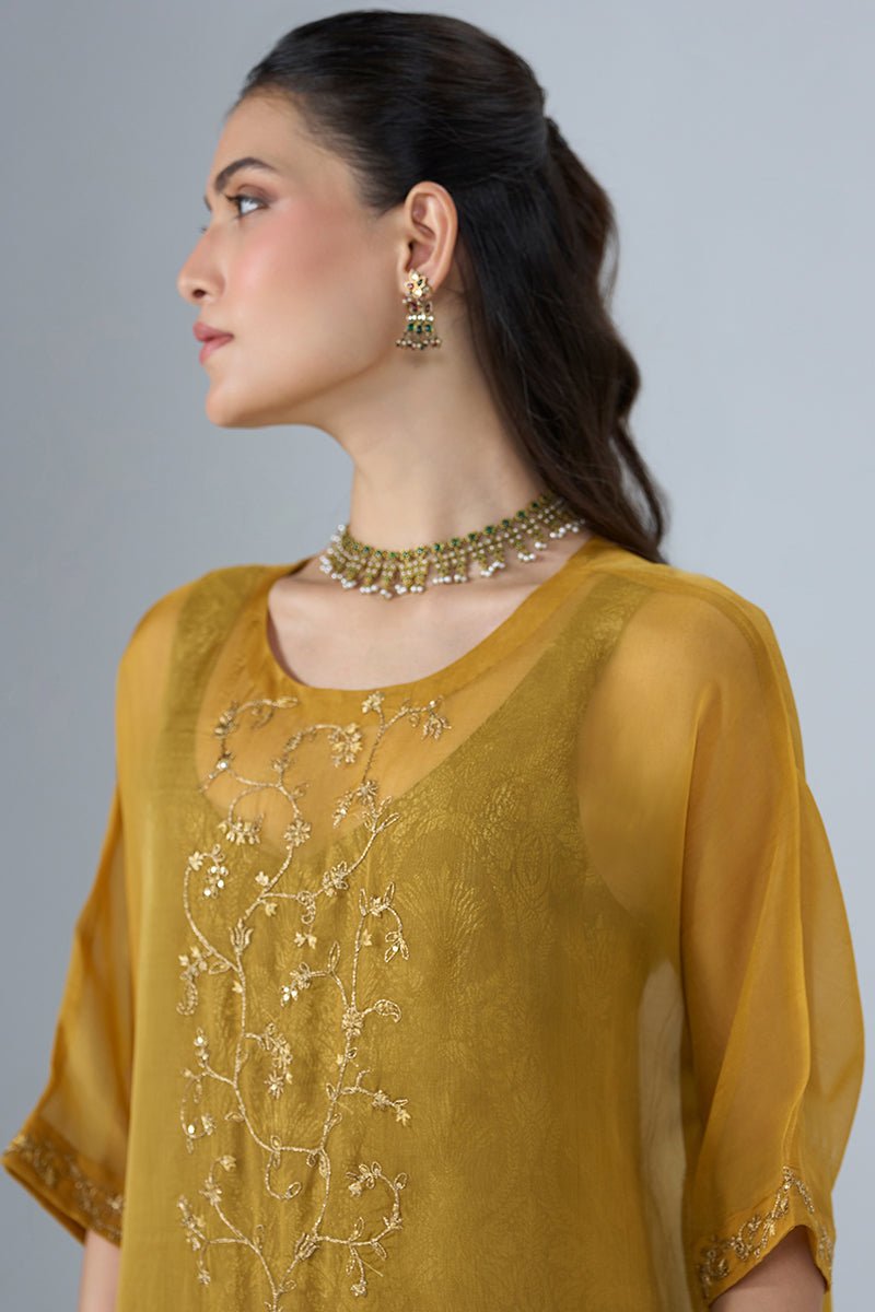 Mustard and Brown Sheer Kurta with Brocade Festive Co-ord Set - Ganga Fashions