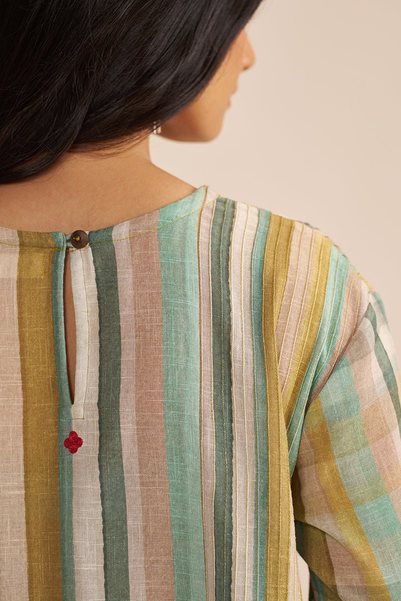 Shades of Teal and Green Stripe Cotton-Linen Co-ord Set - Ganga Fashions