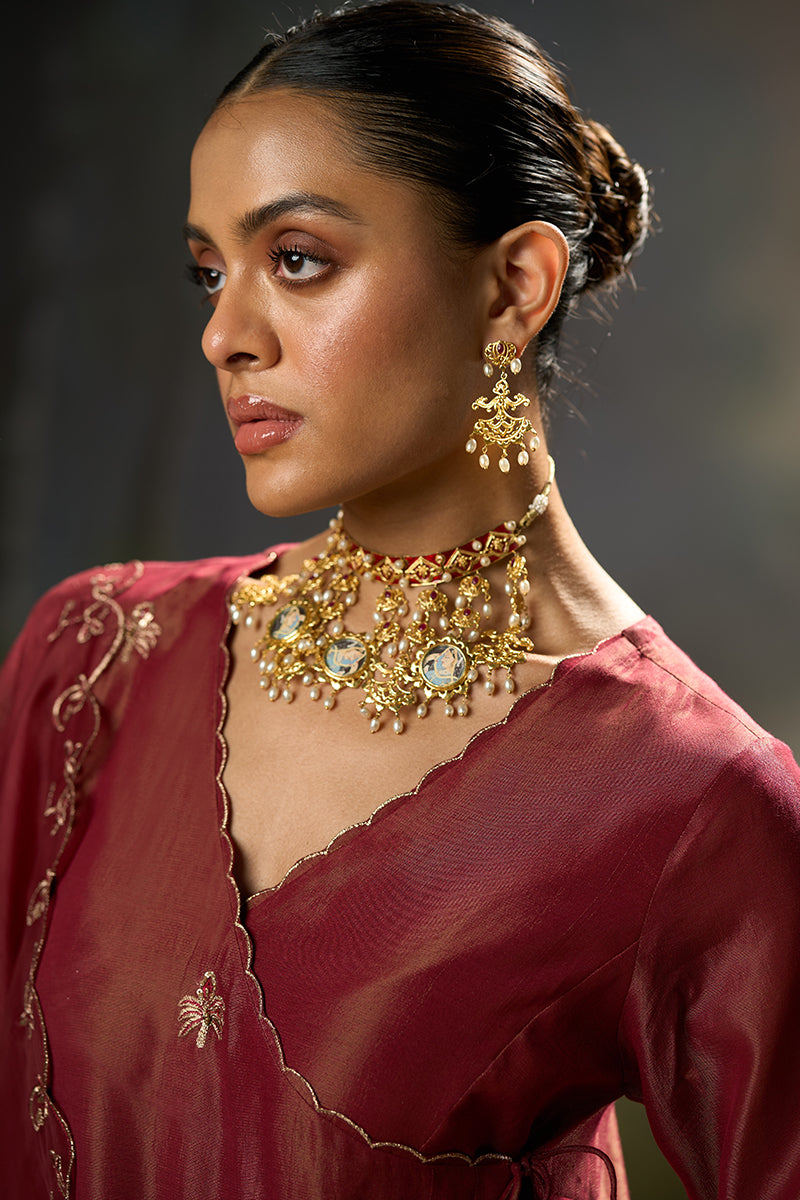 Rumba Red Tissue Silk Angrakha Festive Kurta Set