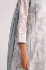 Person wearing a Grey Woven Pheran Kurta Set on a plain background