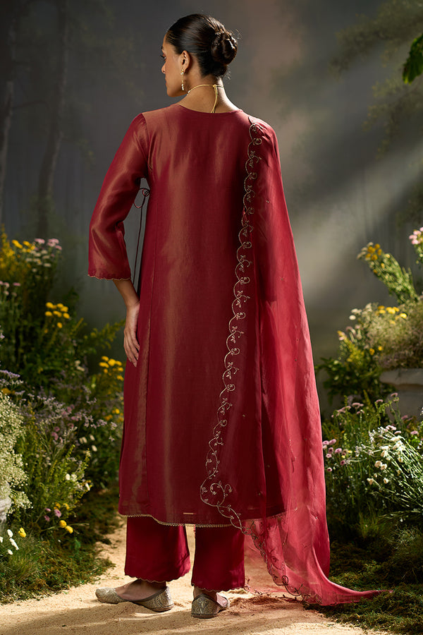 Rumba Red Tissue Silk Angrakha Festive Kurta Set