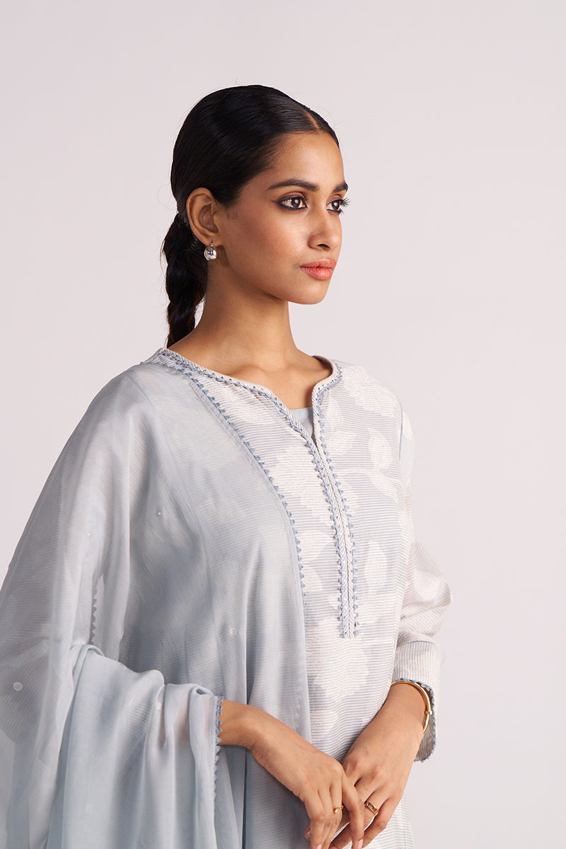 Woman wearing a Grey Woven Pheran Kurta Set outfit with a white background