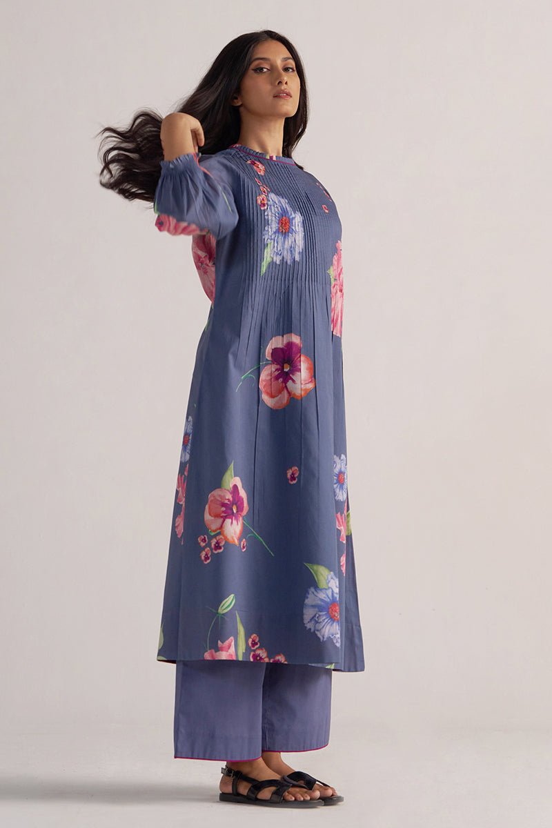 right side face view Nightshadow Blue Mul Cotton Co-ord Set
