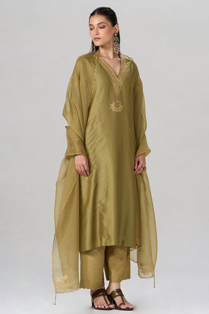 Khaki and Gold Foil Printed Festive Kurta Set - Ganga Fashions