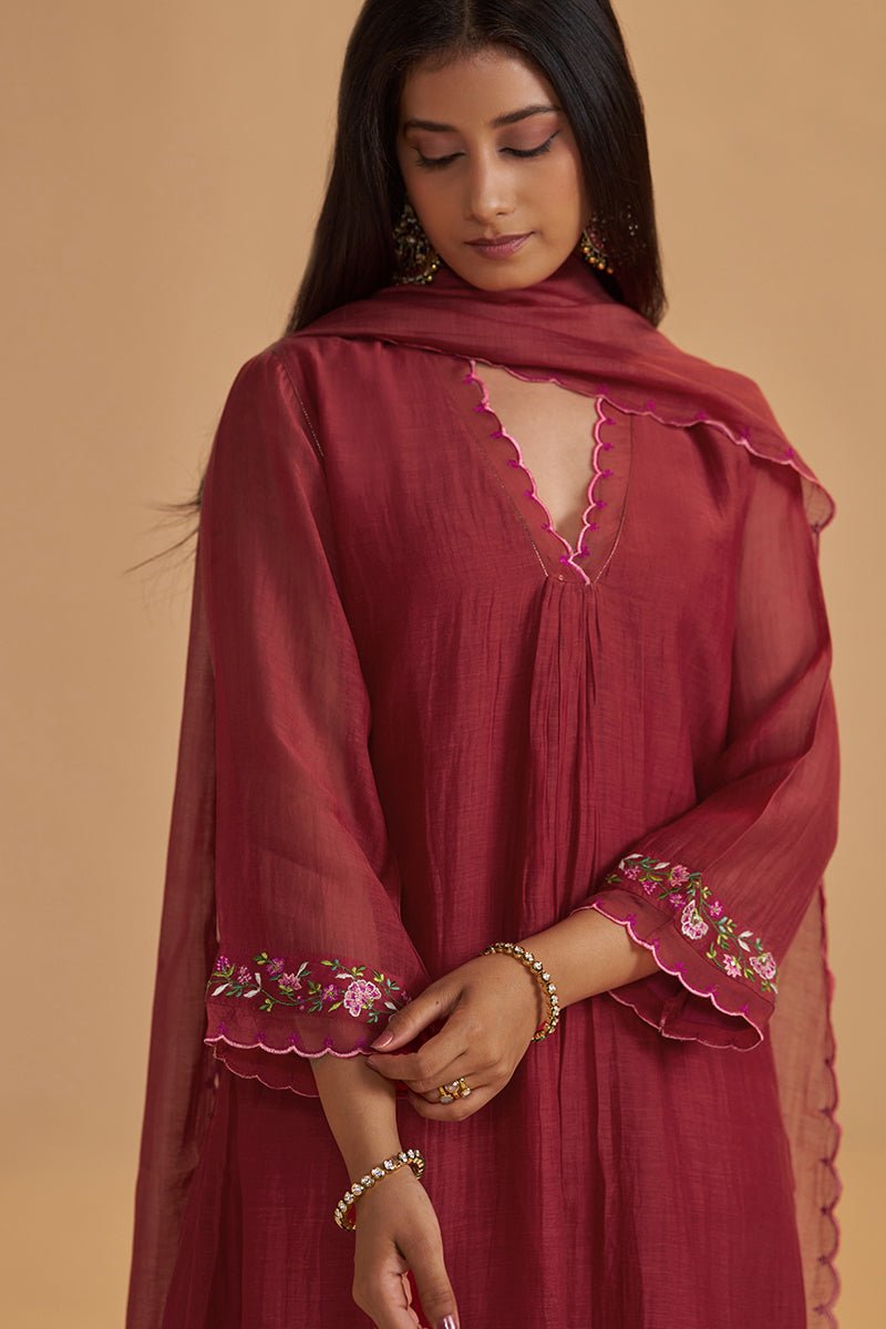 Deep Rose Chanderi Silk festive Kurta Set - Ganga Fashions