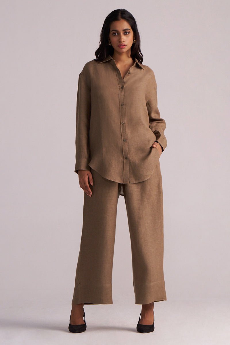 Woman wearing a Woodsmoke Brown Pure Linen Co-ord Set on a plain background
