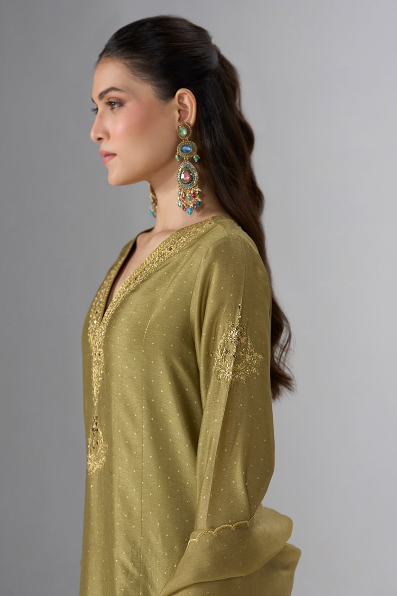 Khaki and Gold Foil Printed Festive Kurta Set - Ganga Fashions