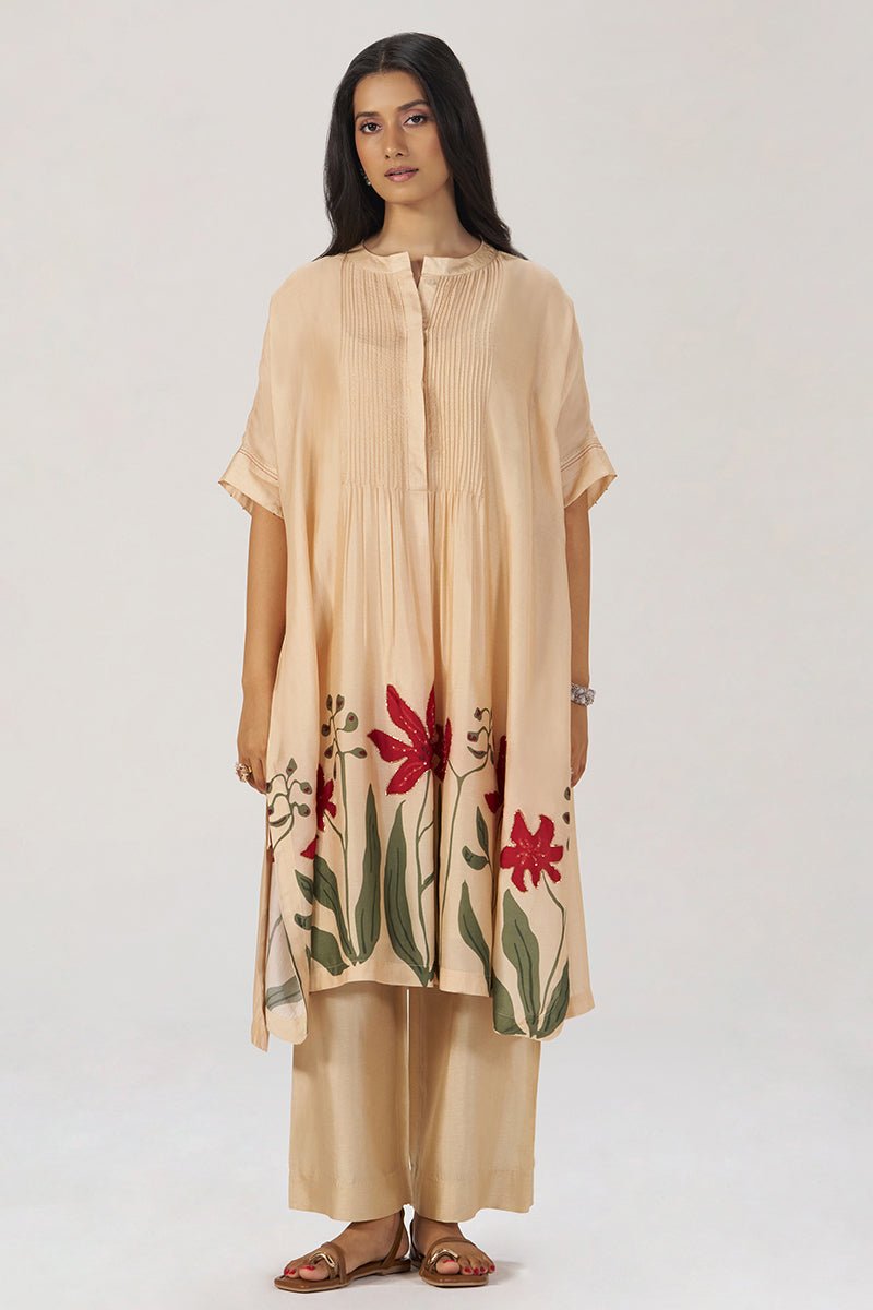 Beige Botanical Silk Festive Co-ord Set - Ganga Fashions