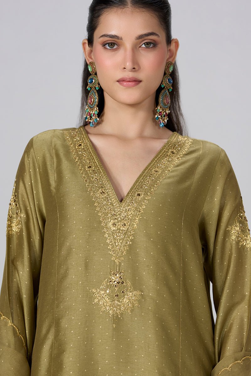 Khaki and Gold Foil Printed Festive Kurta Set - Ganga Fashions