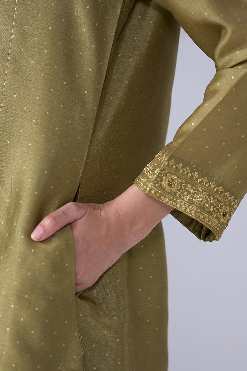 Khaki and Gold Foil Printed Festive Kurta Set - Ganga Fashions