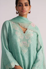Woman wearing a Dusty Jade Green Woven Silk Kurta Set a plain background