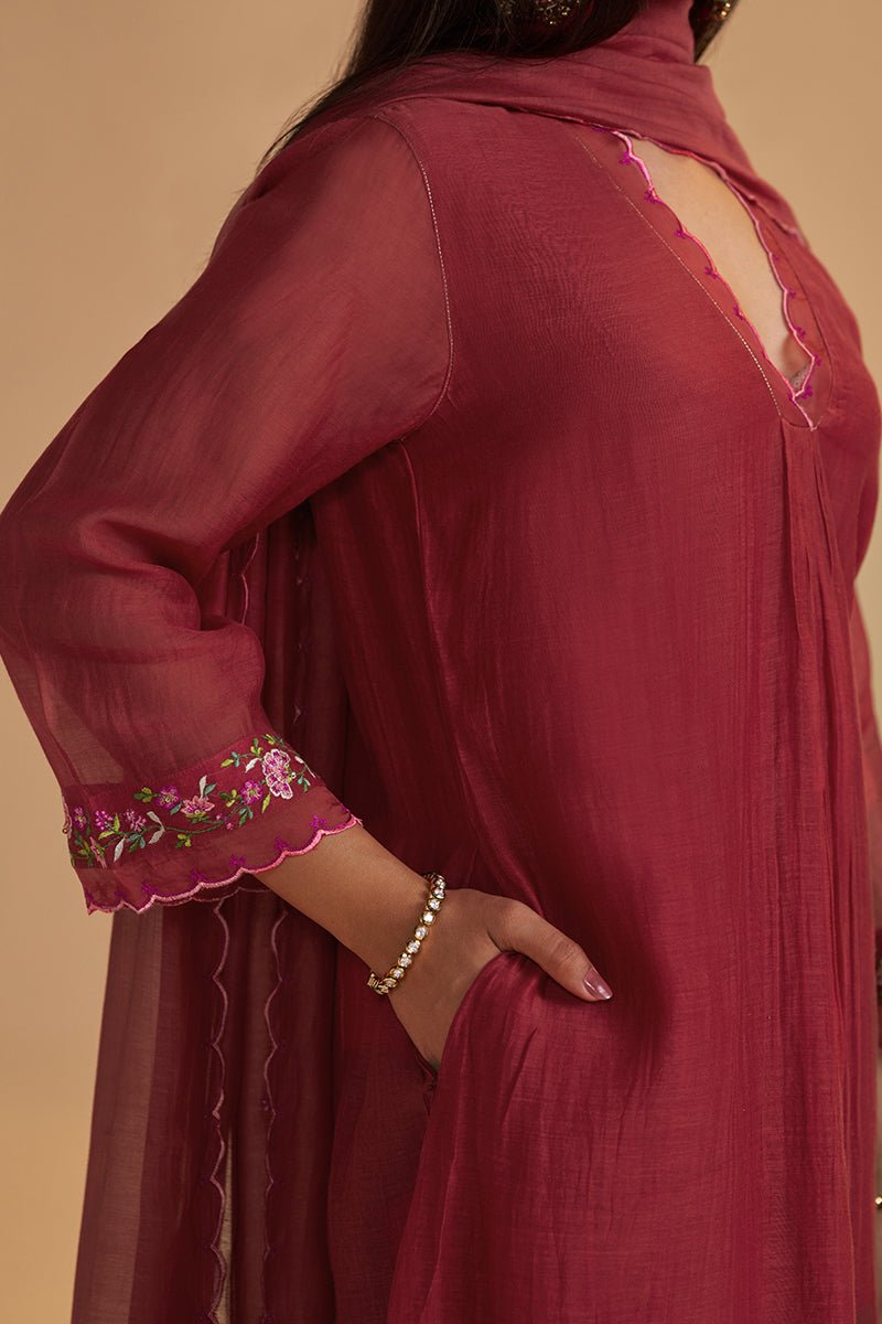 Deep Rose Chanderi Silk festive Kurta Set - Ganga Fashions