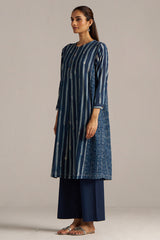 Indigo Blue Stripe and Check Print Linen Co-ord Set