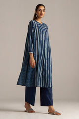Indigo Blue Stripe and Check Print Linen Co-ord Set