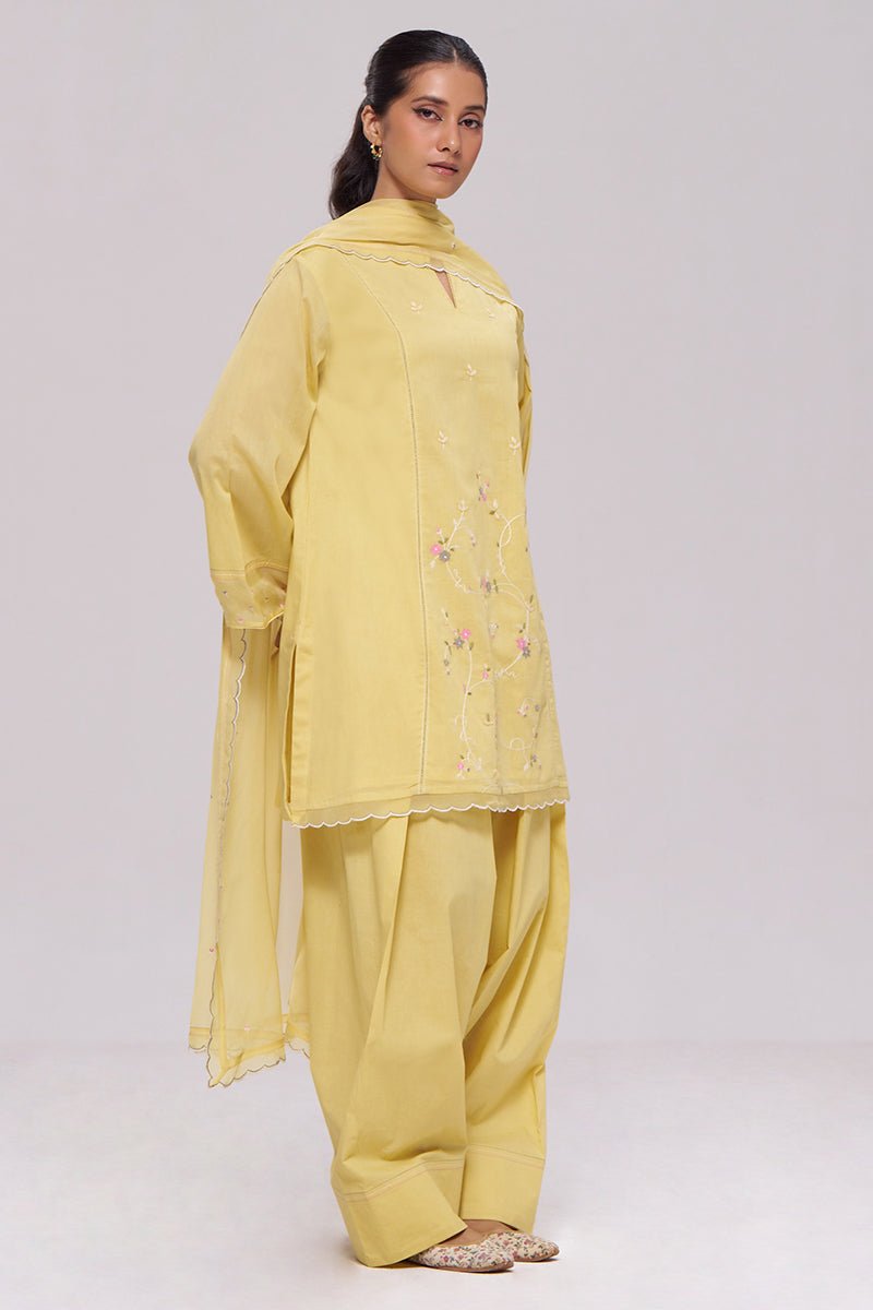 Sulphur Yellow Mul-Chanderi Kurta Set - Ganga Fashions