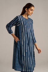 Indigo Blue Stripe and Check Print Linen Co-ord Set