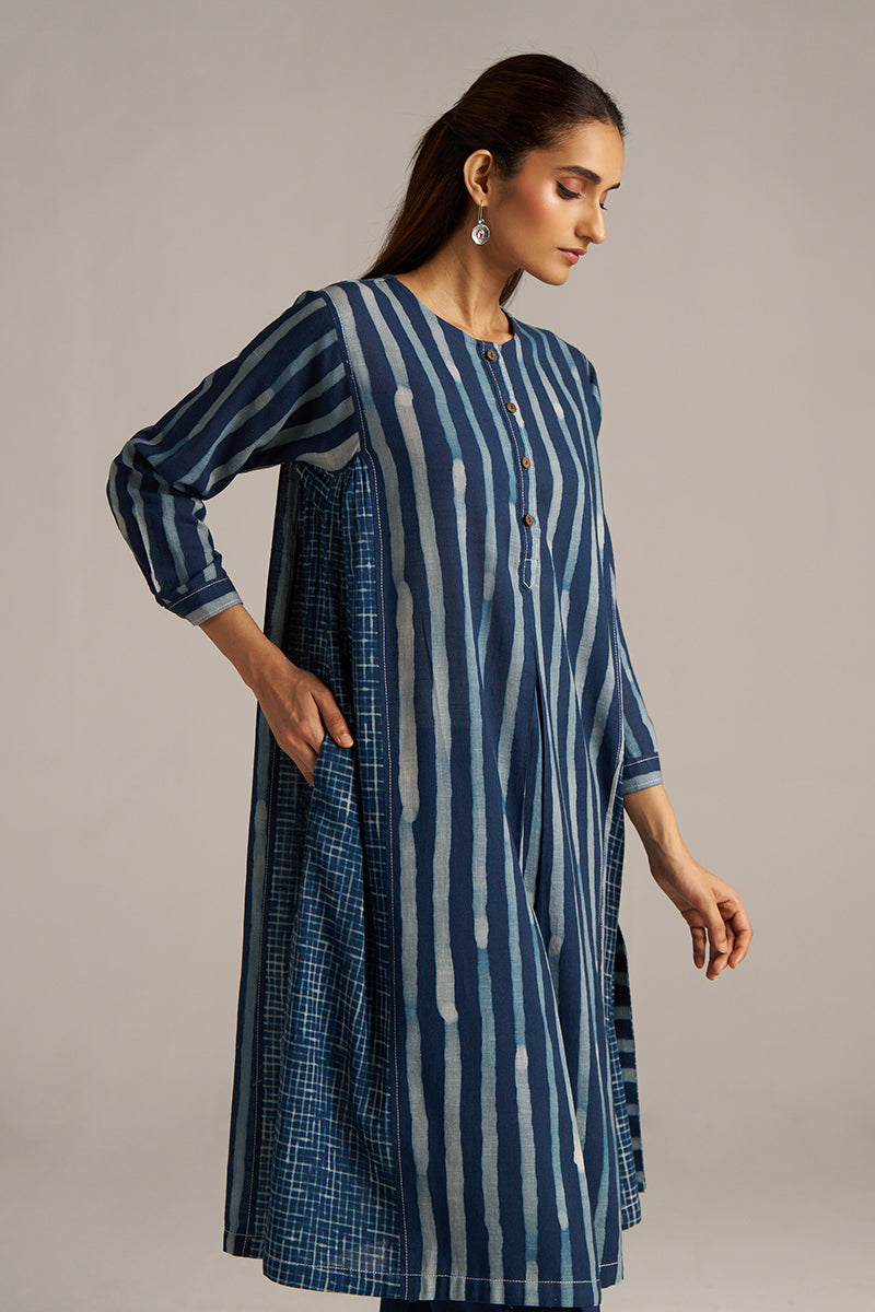 Indigo Blue Stripe and Check Print Linen Co-ord Set