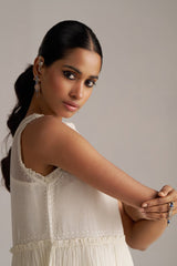 Woman in a white dress with a neutral background | Ivory Kota Silk Kurta Set for Women