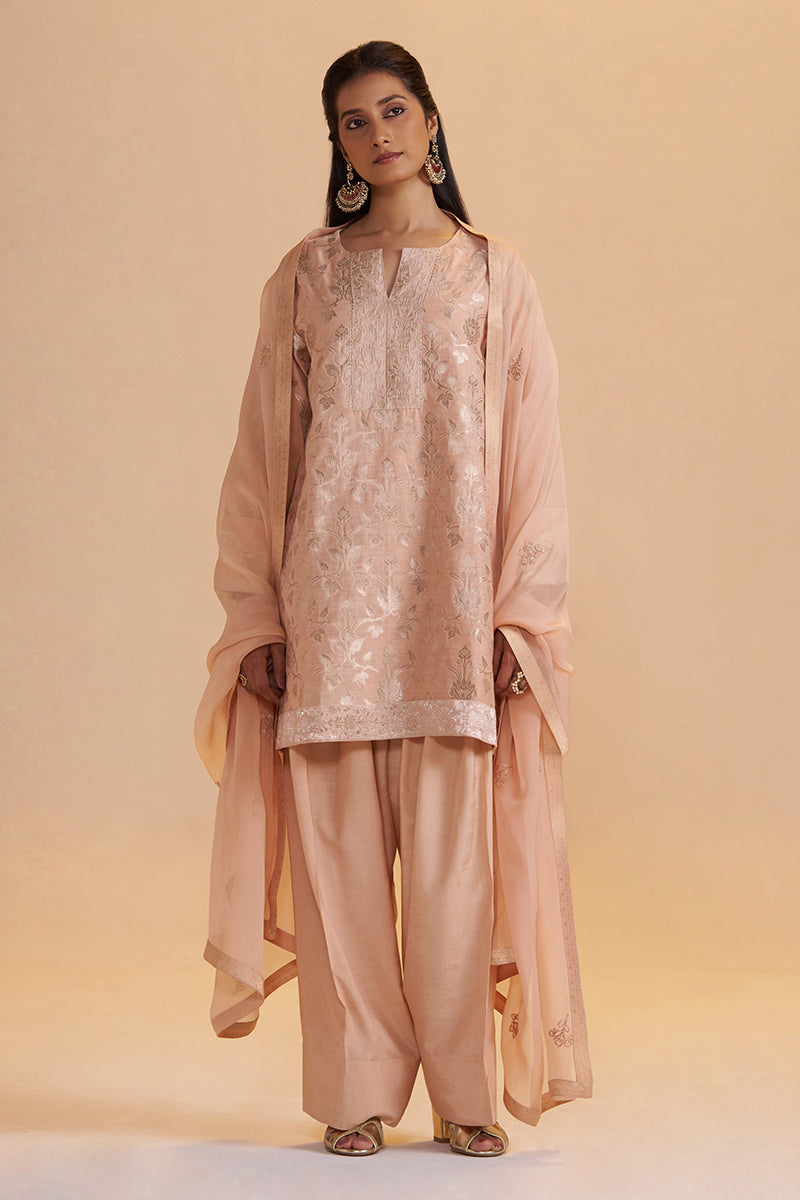 Blush Peach Pure Banarasi Jacquard Kurta Set