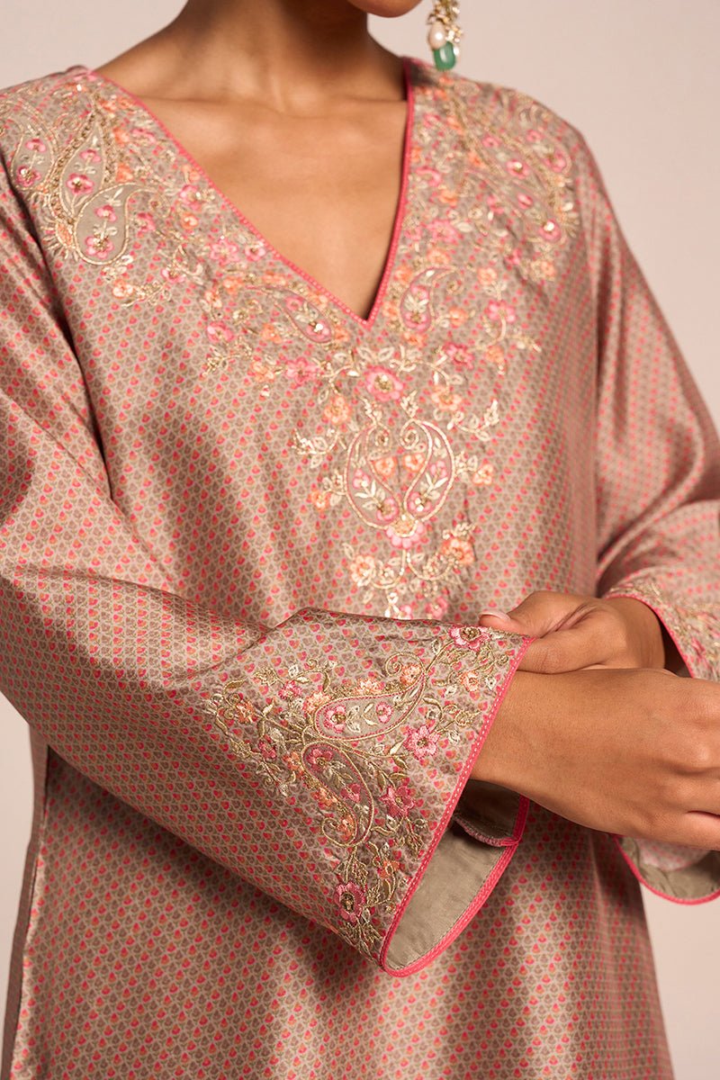 Grey Print and Embroidered Festive Co-ord Set - Ganga Fashions