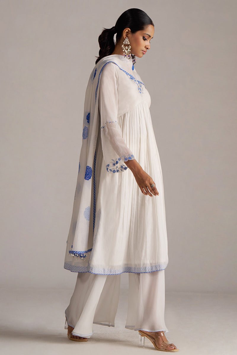 Marshmellow and Cobalt Blue Chanderi Kurta Set