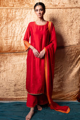 Red and Orange Raw Silk Festive Kurta Set