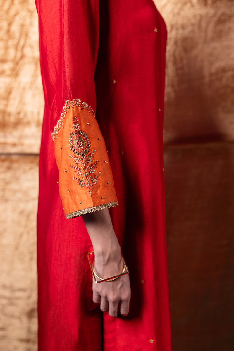 Red and Orange Raw Silk Festive Kurta Set