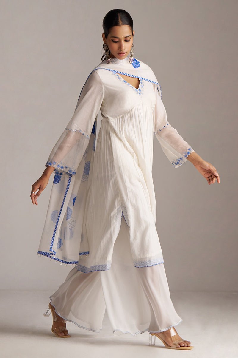 Marshmellow and Cobalt Blue Chanderi Kurta Set