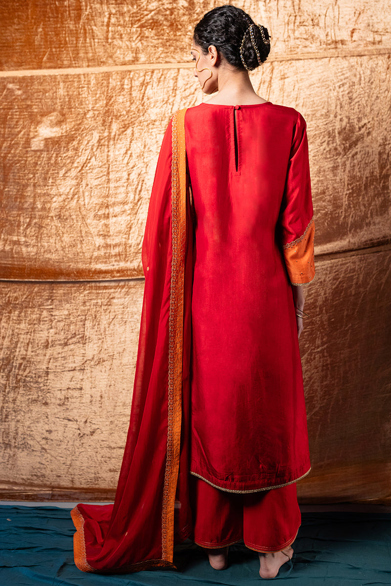 Red and Orange Raw Silk Festive Kurta Set