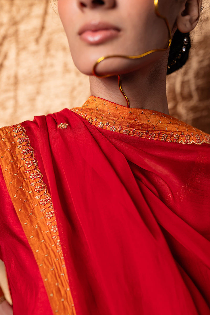 Red and Orange Raw Silk Festive Kurta Set