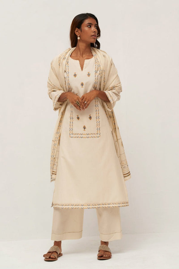 Gardenia Cream Woven Cotton Salwar Suit With Hand Embellishment