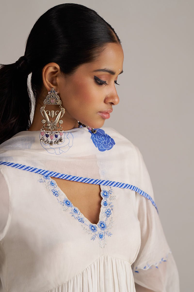 Marshmellow and Cobalt Blue Chanderi Kurta Set