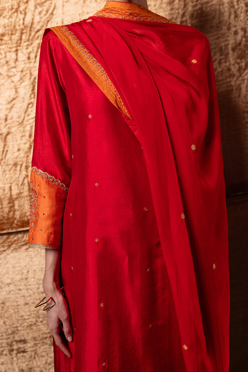 Red and Orange Raw Silk Festive Kurta Set