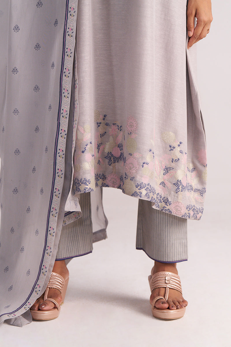 Grey Woven Kurta Set details and sandals on a white background